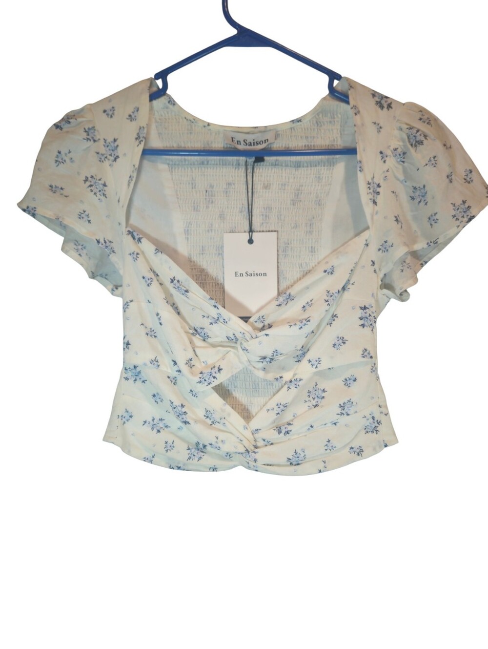NWT En Saison Floral Cutout Crop Top Smocked Back Puff Sleeve Size S - Picture 10 of 13